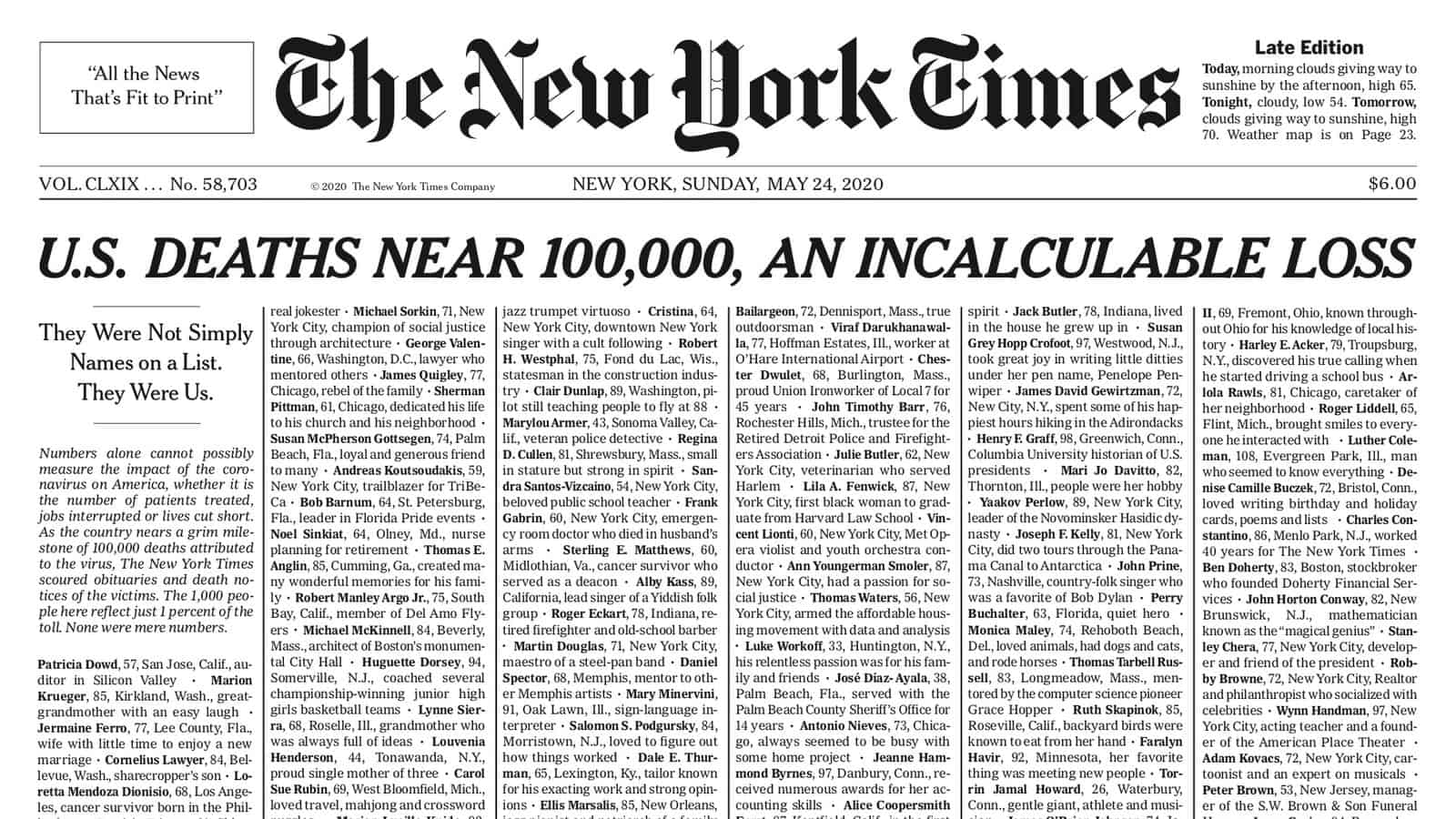 New York Times dedica emotiva portada a las casi 100,000 víctimas de Covid-19 en EE.UU.