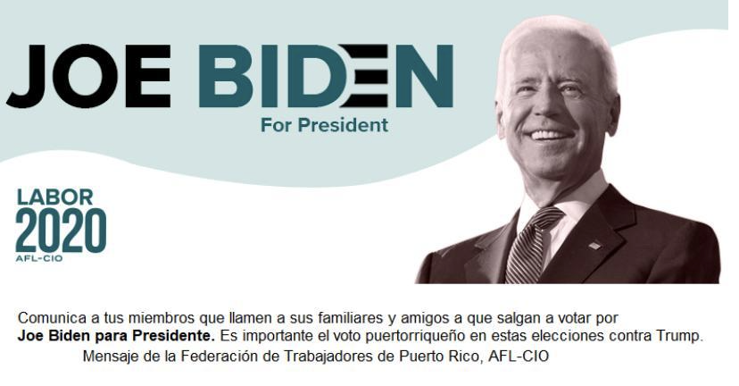Federación de Trabajadores de Puerto Rico exhorta a promover el voto por Joe Biden
